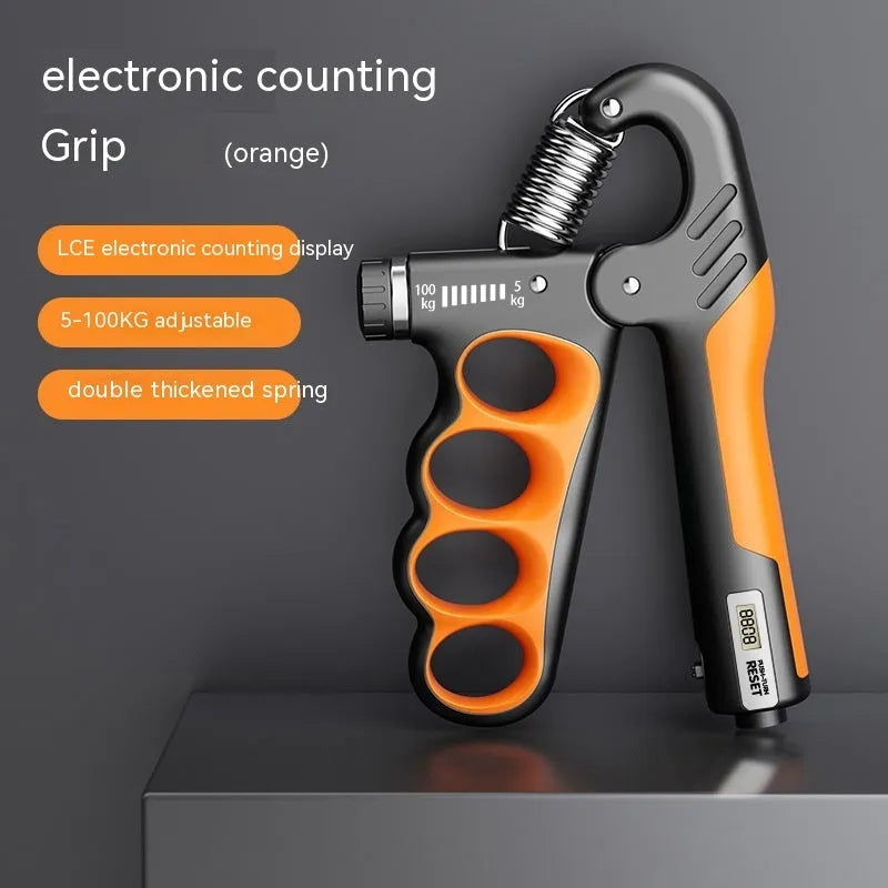 Electronic spring grip hand exerciser with digital counter display in orange colour