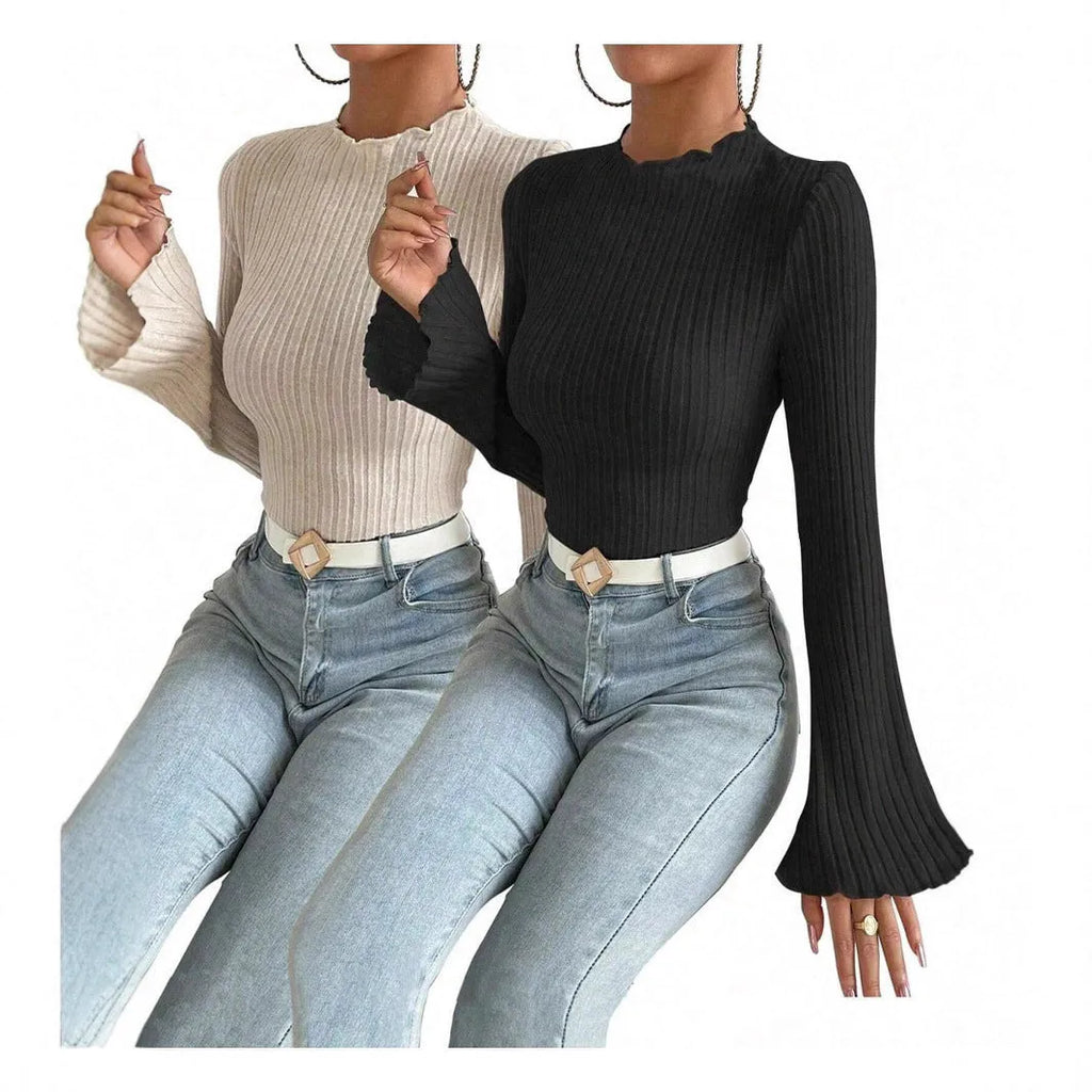 Long sleeve round neck polyester top in black with lantern sleeves, slim fit silhouette