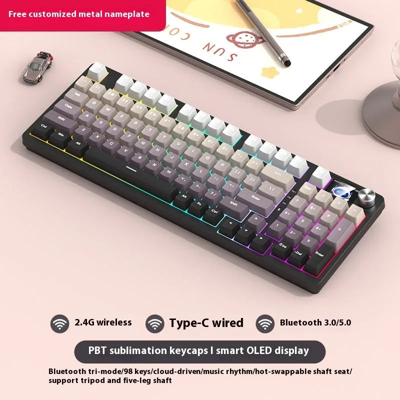 White screen version 98-key wireless mechanical keyboard kit with metal knob on desk