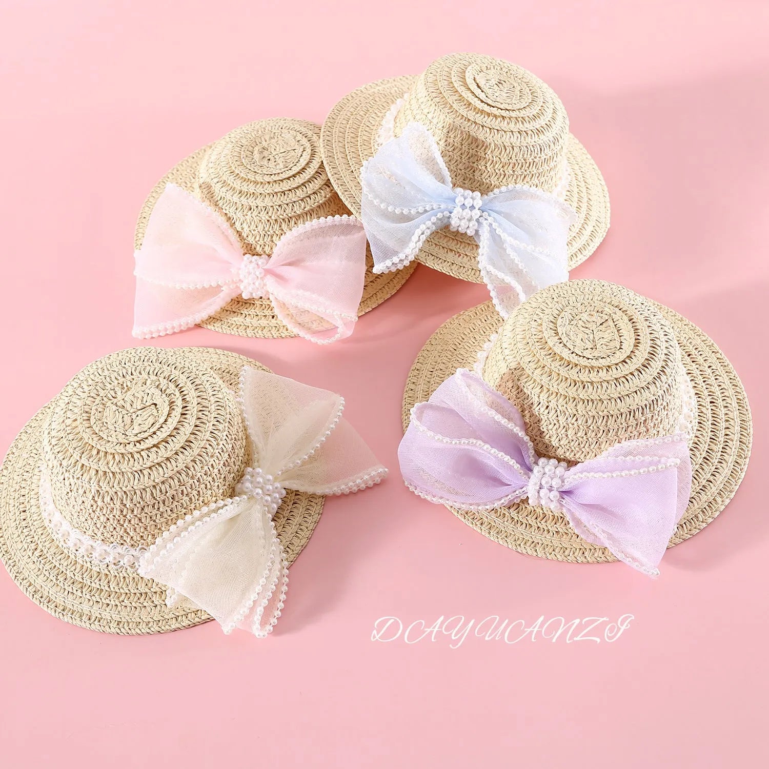 Woven Lafite leaf cat hat with pearl bow decoration in butterfly design