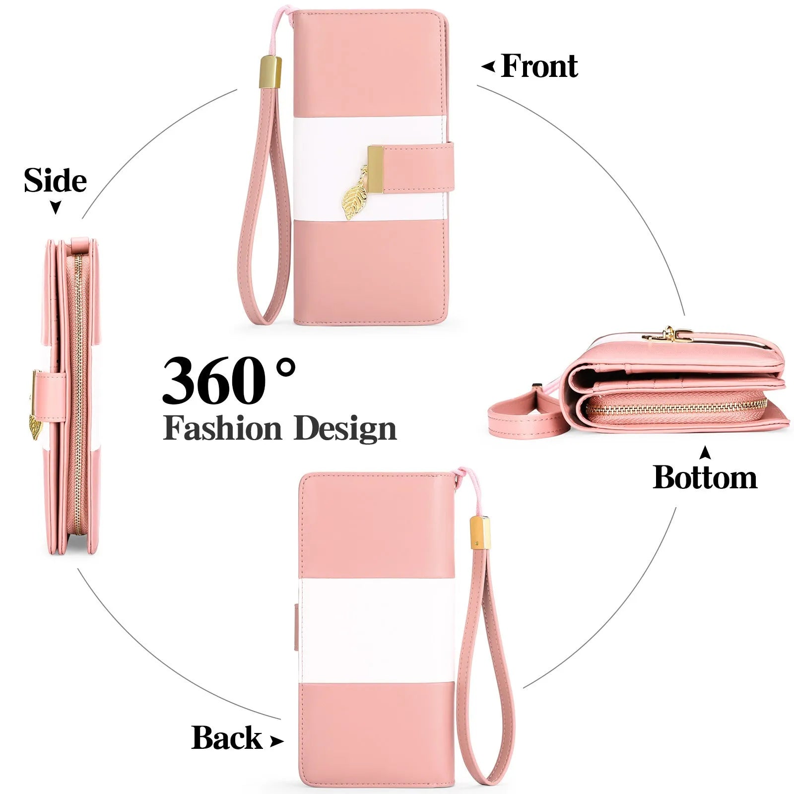Anti theft clutch handbag with lock opening in PU leather, showing interior organisation and colour options