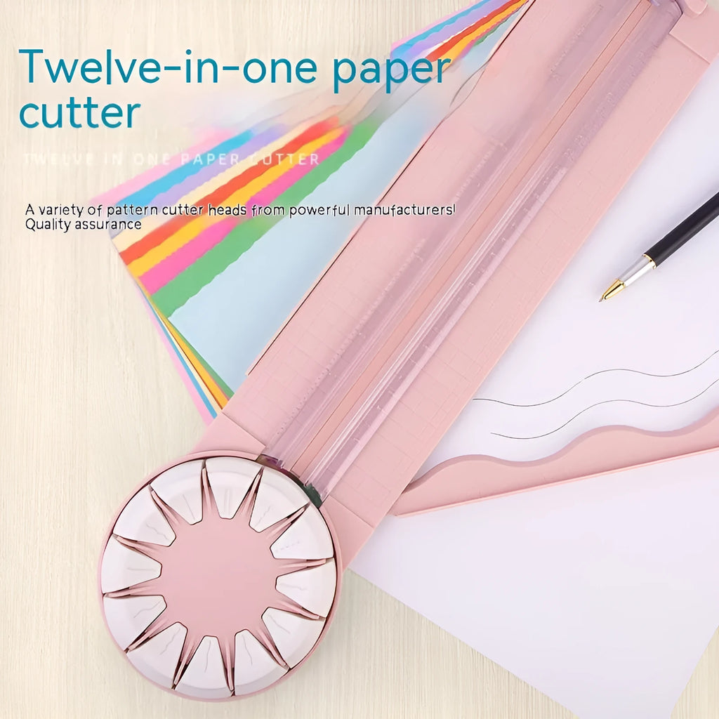 Pink 12-in-1 plastic paper cutting machine with dotted cutting mechanism for card making