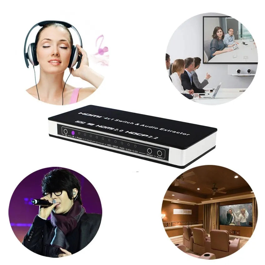 Black HDMI switch unit with remote control for 4-input 1-output video switching with audio separation