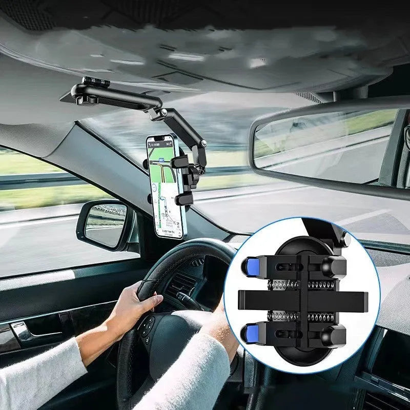 Black and green car sun visor mount with buckle attachment for rear seat installation