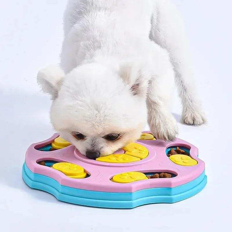Blue and pink dog puzzle toy bowl for interactive feeding games and aggressive chewers