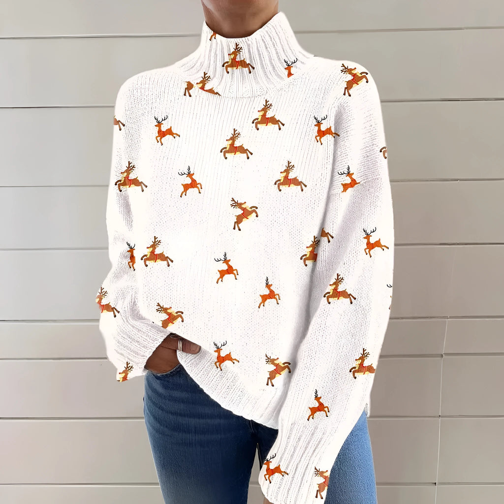 Women's Christmas printed turtleneck sweater with painting pattern in macaron colours
