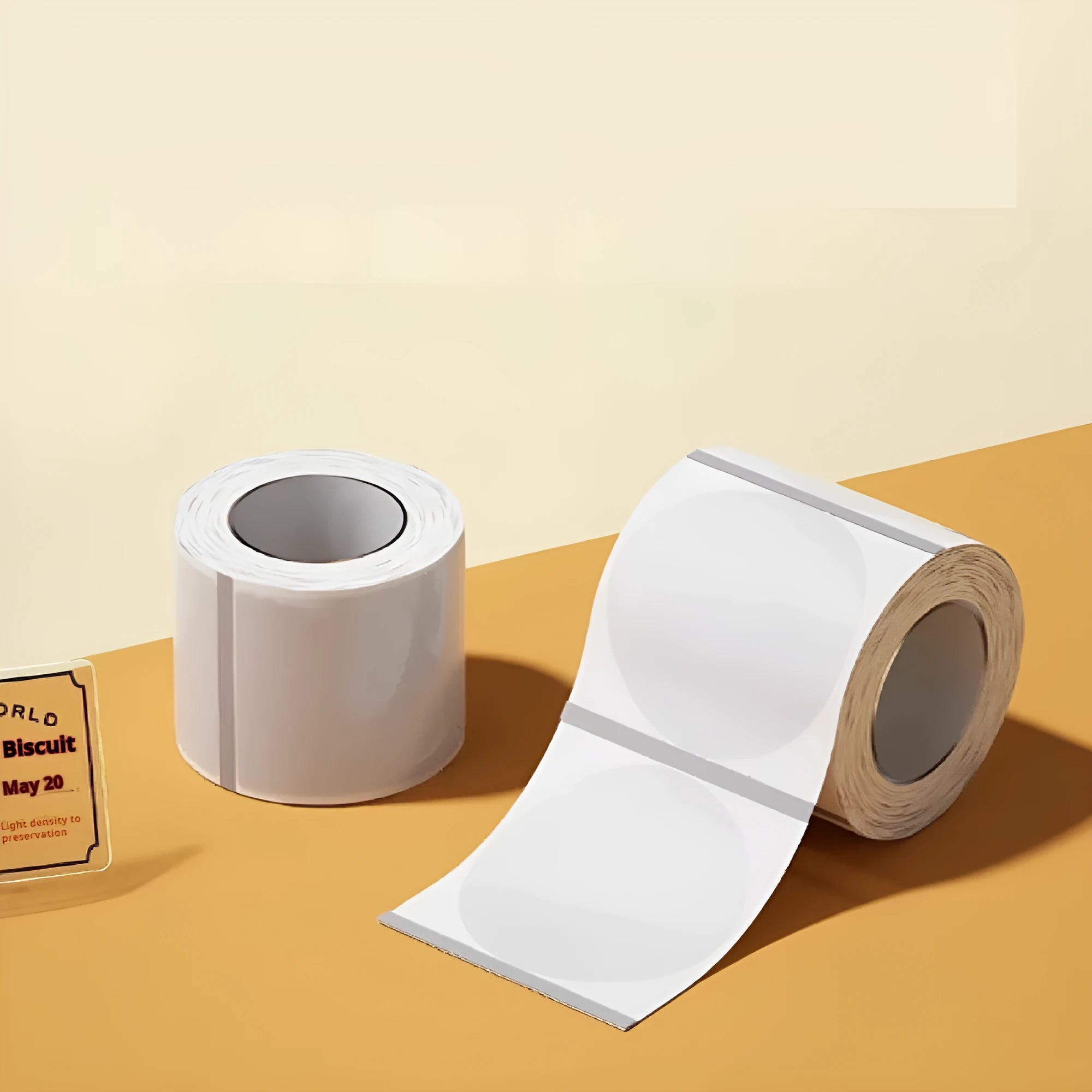Sheet of transparent waterproof adhesive labels showing rectangular and round sizes on thermal synthetic paper.