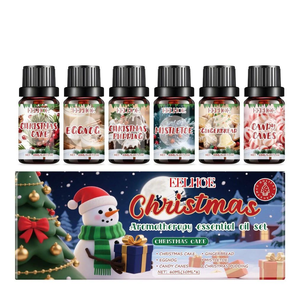 Christmas aromatherapy oil set showing six 60ml bottles of festive essential oils