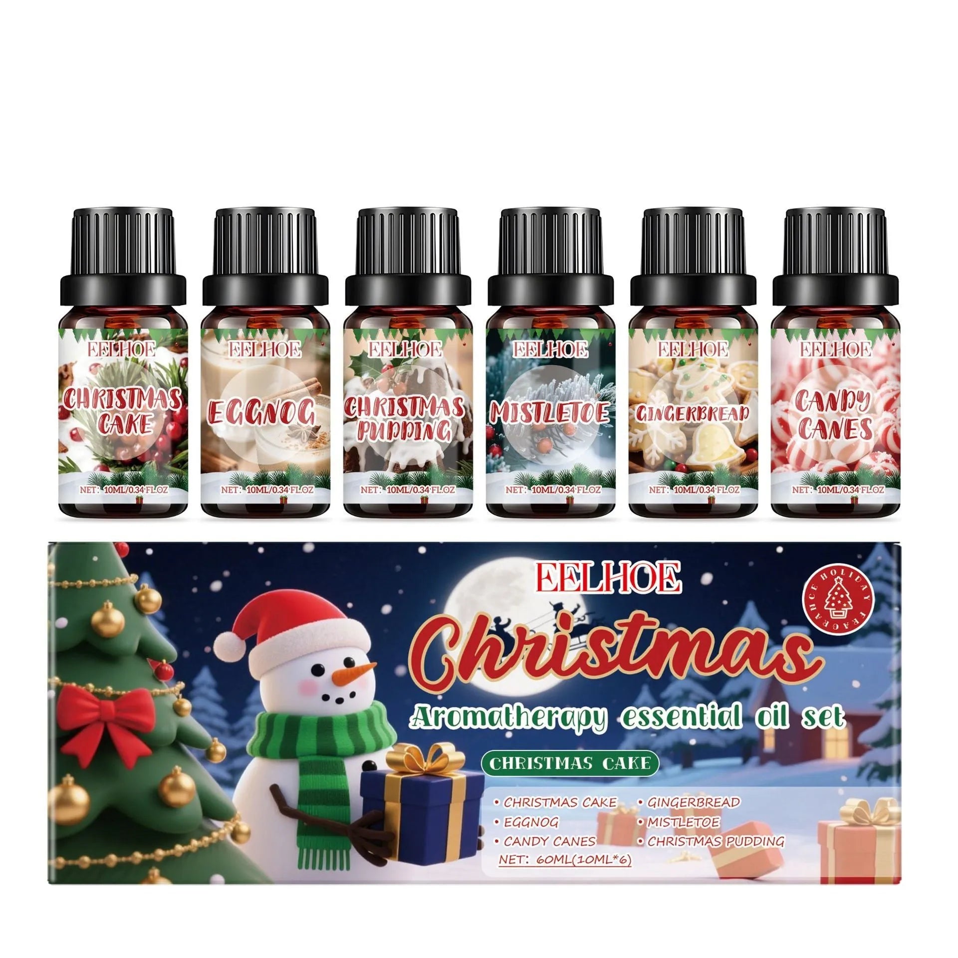 Christmas aromatherapy oil set showing six 60ml bottles of festive essential oils