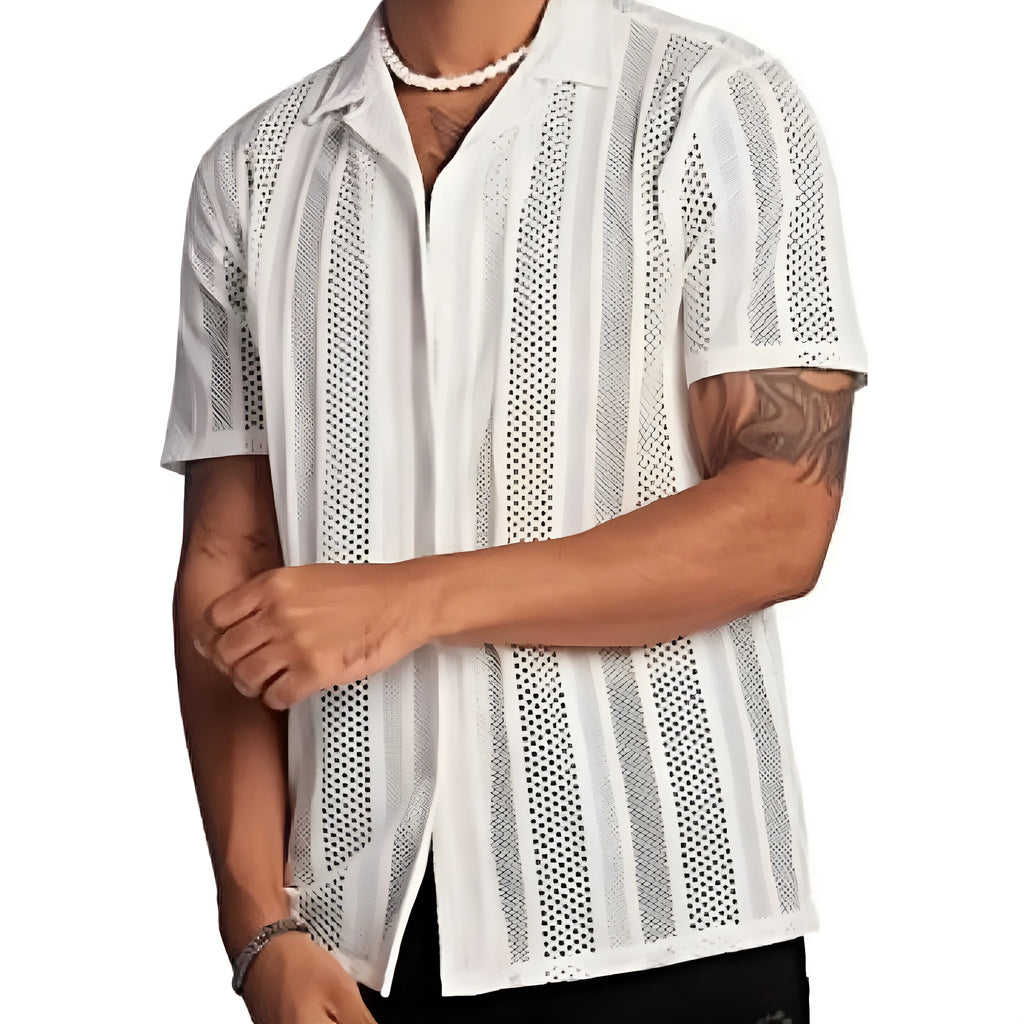 Men's black knitted short-sleeve button shirt with jacquard texture and cardigan style