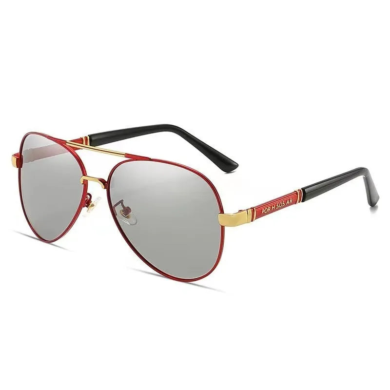 Men's metal sunglasses with polarised lenses and dragon phoenix decoration on the frame.