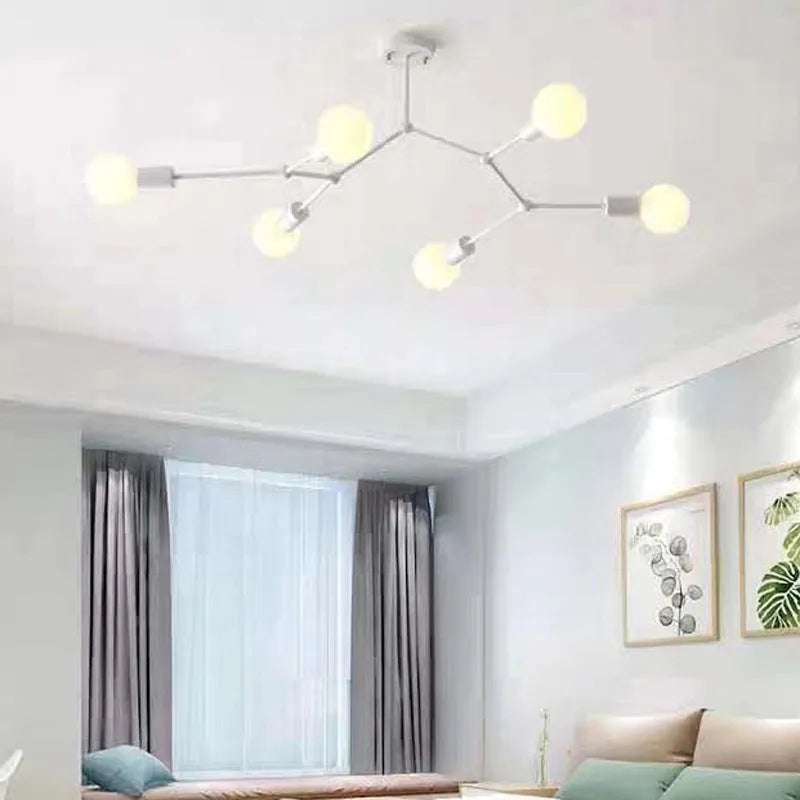 Nordic style iron ceiling chandelier with multiple light heads in black or white finish