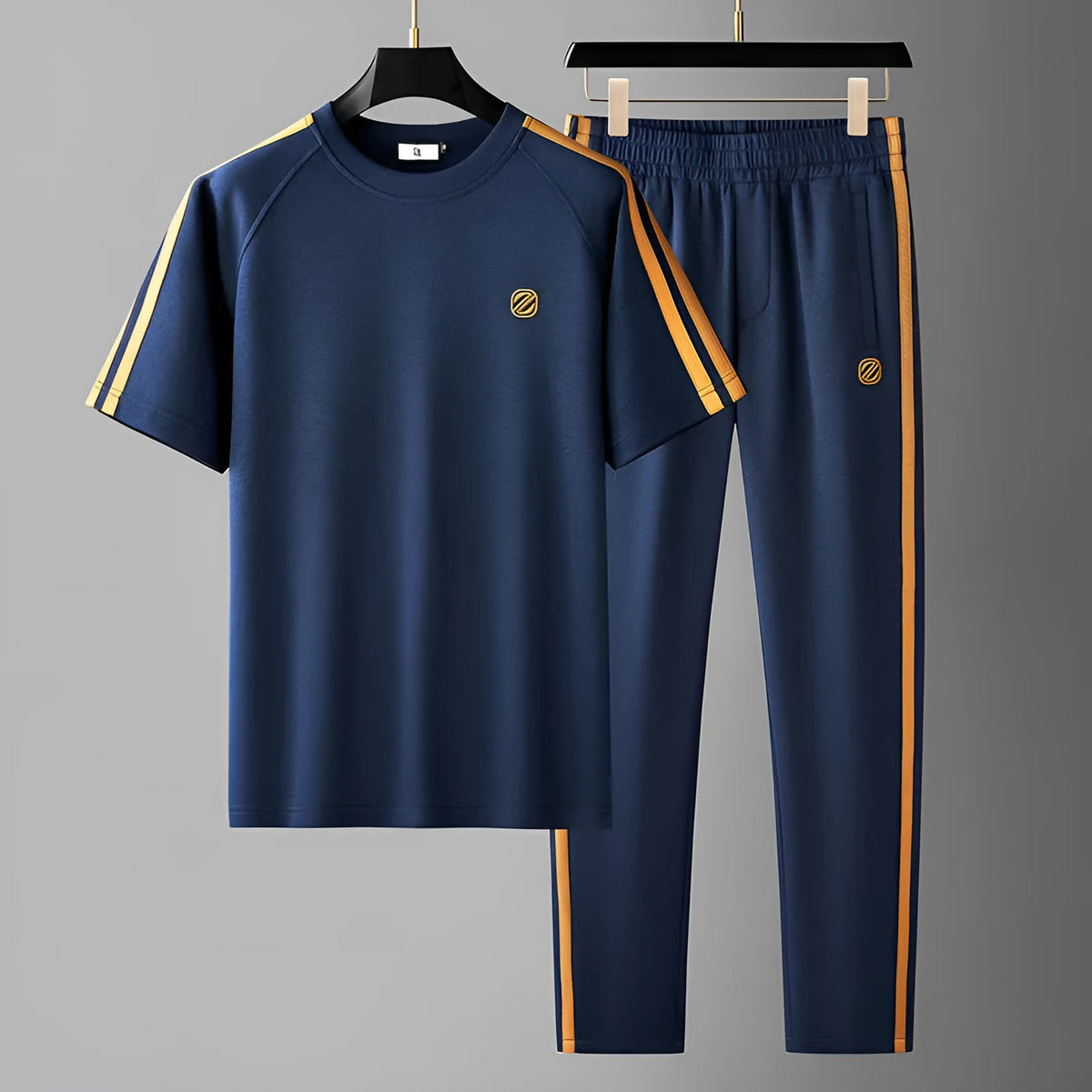 Men's blue short sleeve sports suit set with trousers, made from ironing-free Ice Silk polyester fabric.