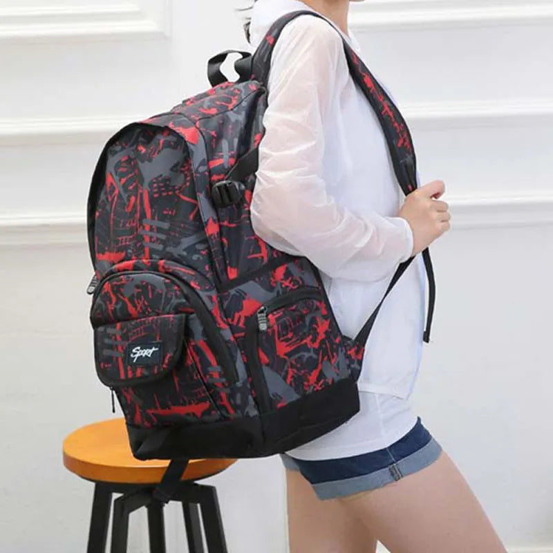 Blue and red classic nylon backpack with large main compartment for school and travel