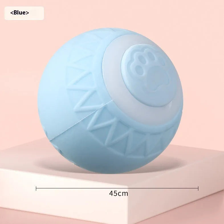 Blue automatic moving cat toy ball with USB charging cable on wooden floor