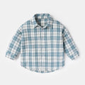 Men's light blue cotton lattice shirt with cartoon animal pattern and long sleeves.