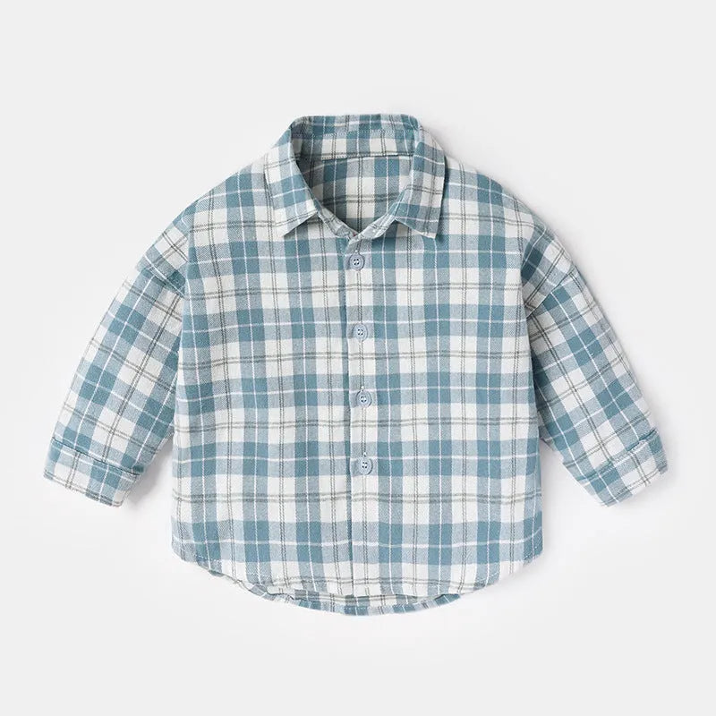 Men's light blue cotton lattice shirt with cartoon animal pattern and long sleeves.
