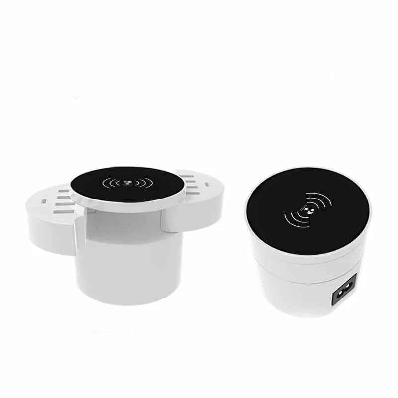 Ceramic white multi-port wireless circular smart phone charger with international adapters