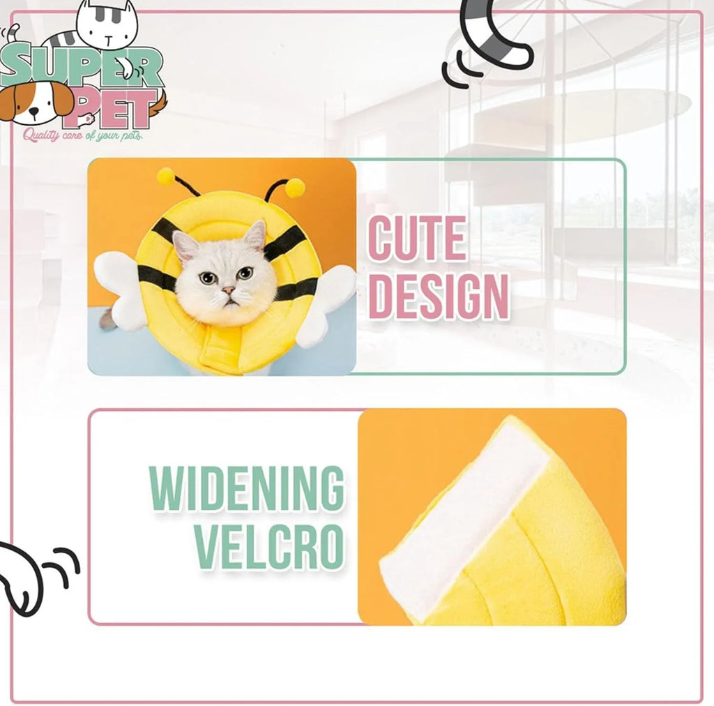 Soft cat recovery cone collar with bee design and velcro strap.