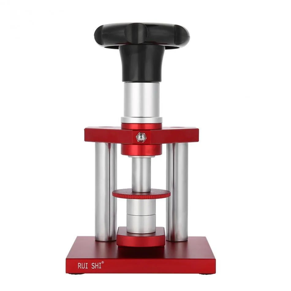 Watch repair spiral cap presser tool with set of 20 plastic moulds for various watch case sizes