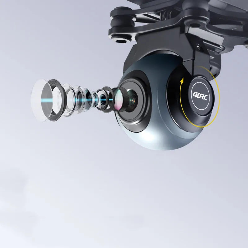 Plastic quadrocopter drone with four rotors, remote controller, spare blades, and protection covers displayed alongside USB cable