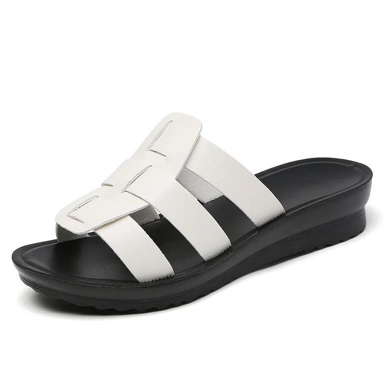 Large size beige women's flat-bottom slippers with a viscose upper and non-slip sole