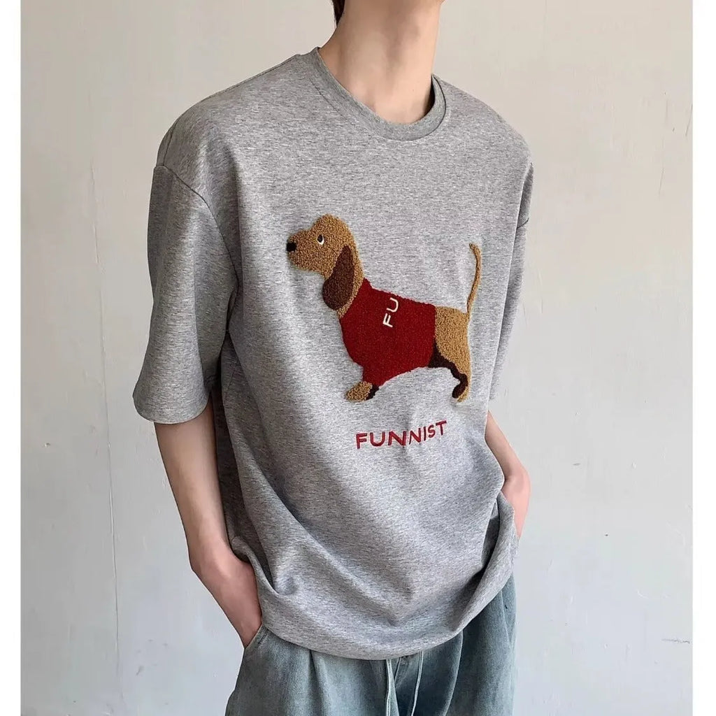Men's grey t-shirt with embroidered sausage dog design on front