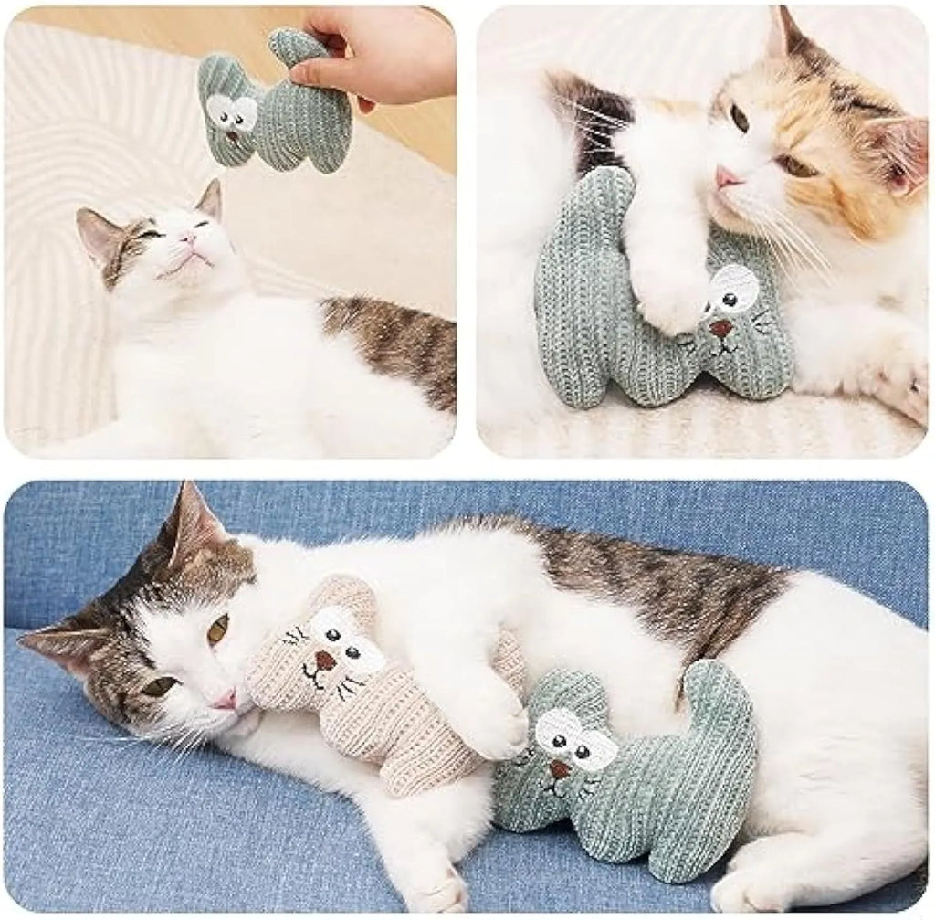 Cyan knitted plush cat toy with rope sections, containing catnip and a bell, shown on a white background.
