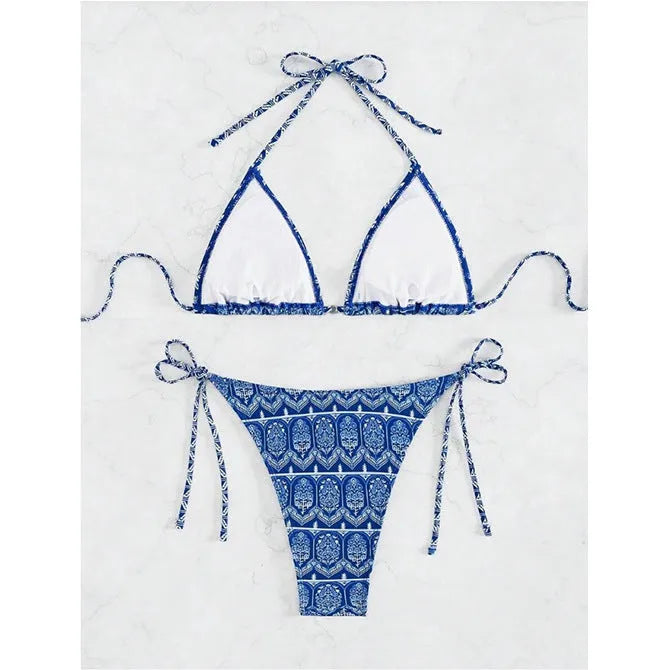 Women's split bikini swimsuit with stitching bandage design in polyester fabric for swimming