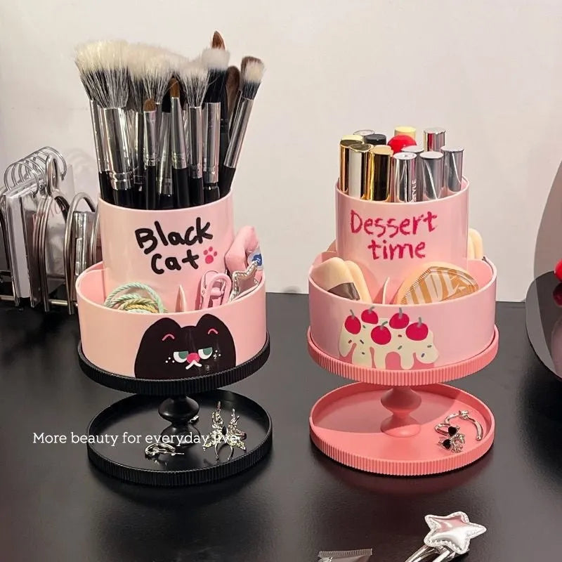 Cosmetic brush storage barrel with rotating rack in Japanese style design