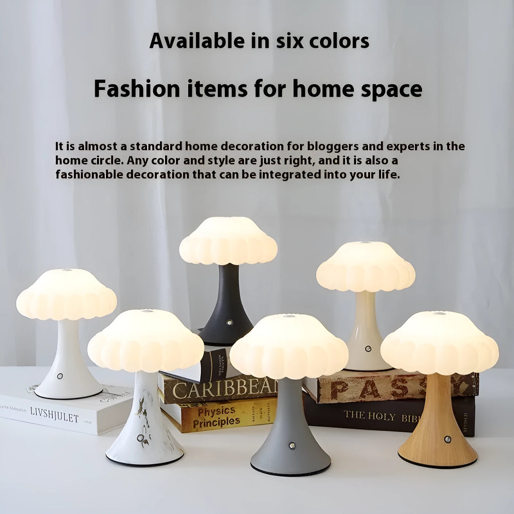 Mushroom-shaped touch control night lamp in wood grain colour on a table.