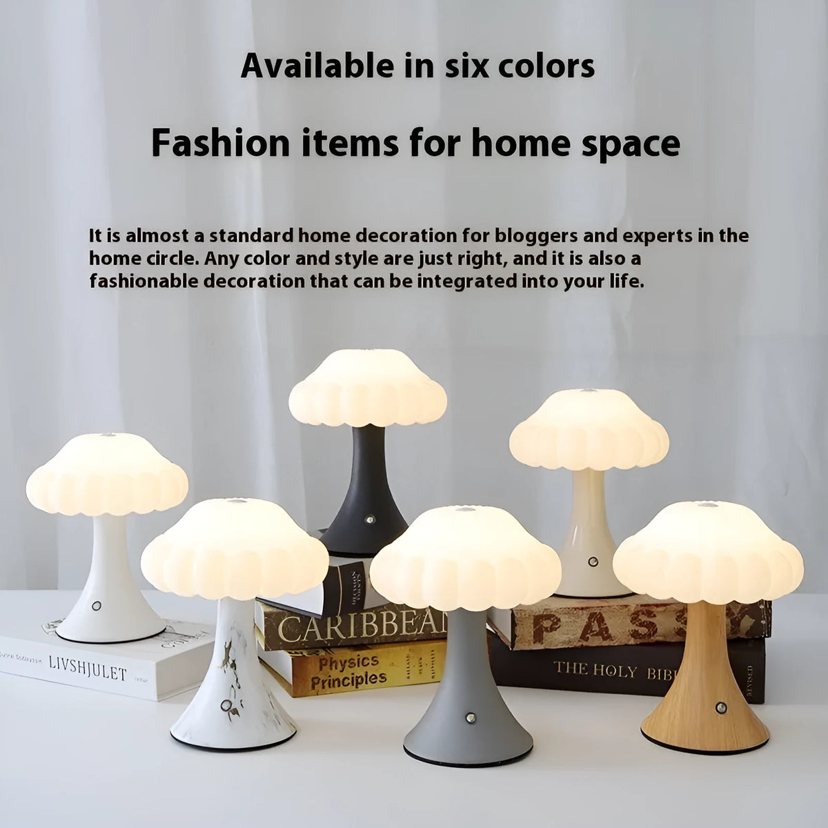 Mushroom-shaped touch control night lamp in wood grain colour on a table.