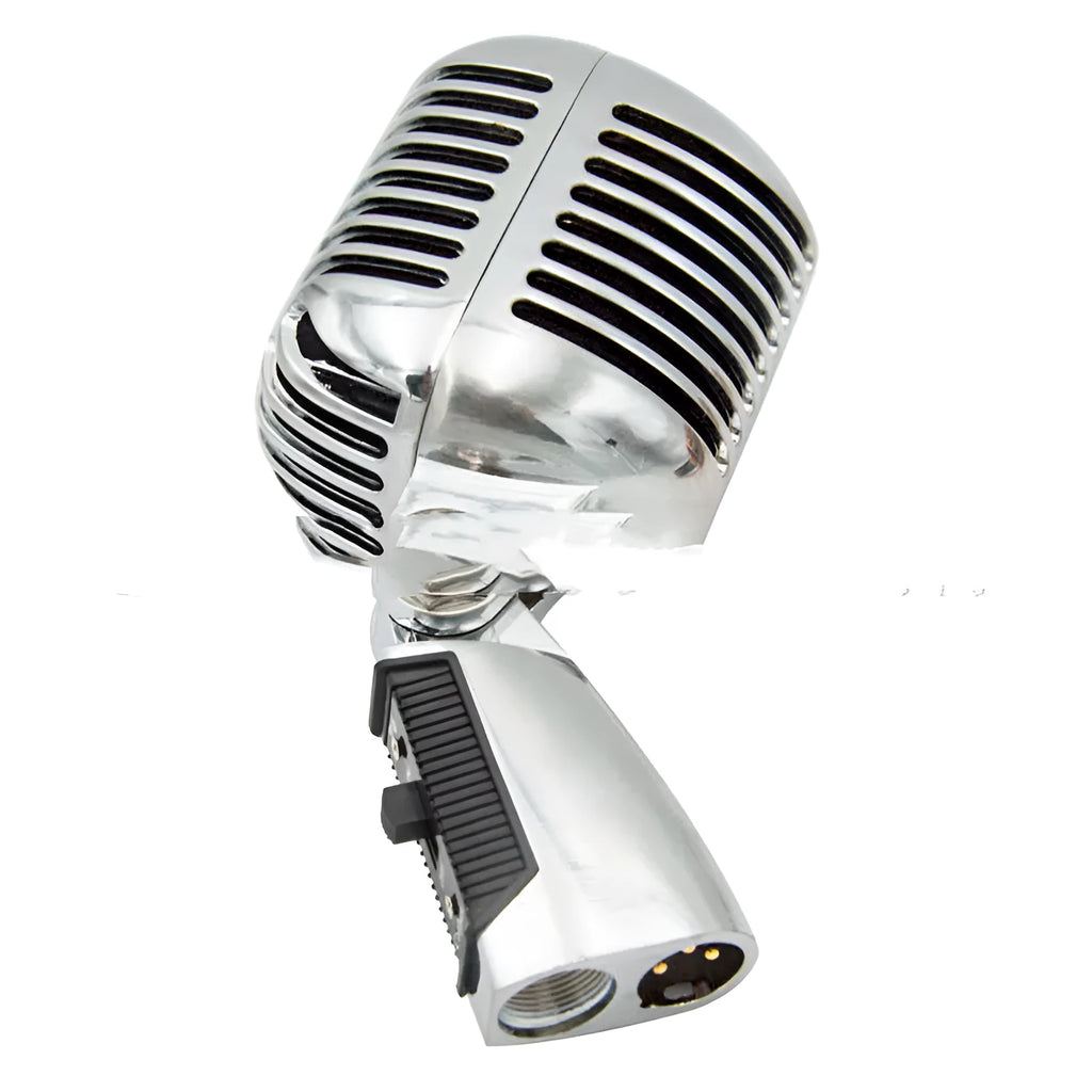 Classical retro stage microphone in gold finish with all-metal construction and heart-shaped pickup pattern