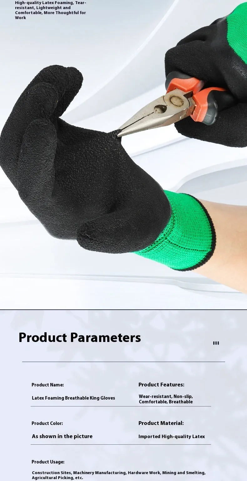 Black and green rubber work gloves shown flat, size M with a length of 22-24cm