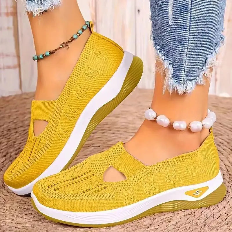 Women's mesh T-strap casual flats with soft PVC sole in multiple colour options