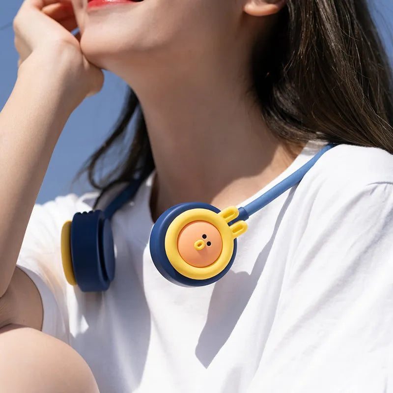 Pink and blue folding leafless hanging neck fan showing compact 195mm design with USB charging port