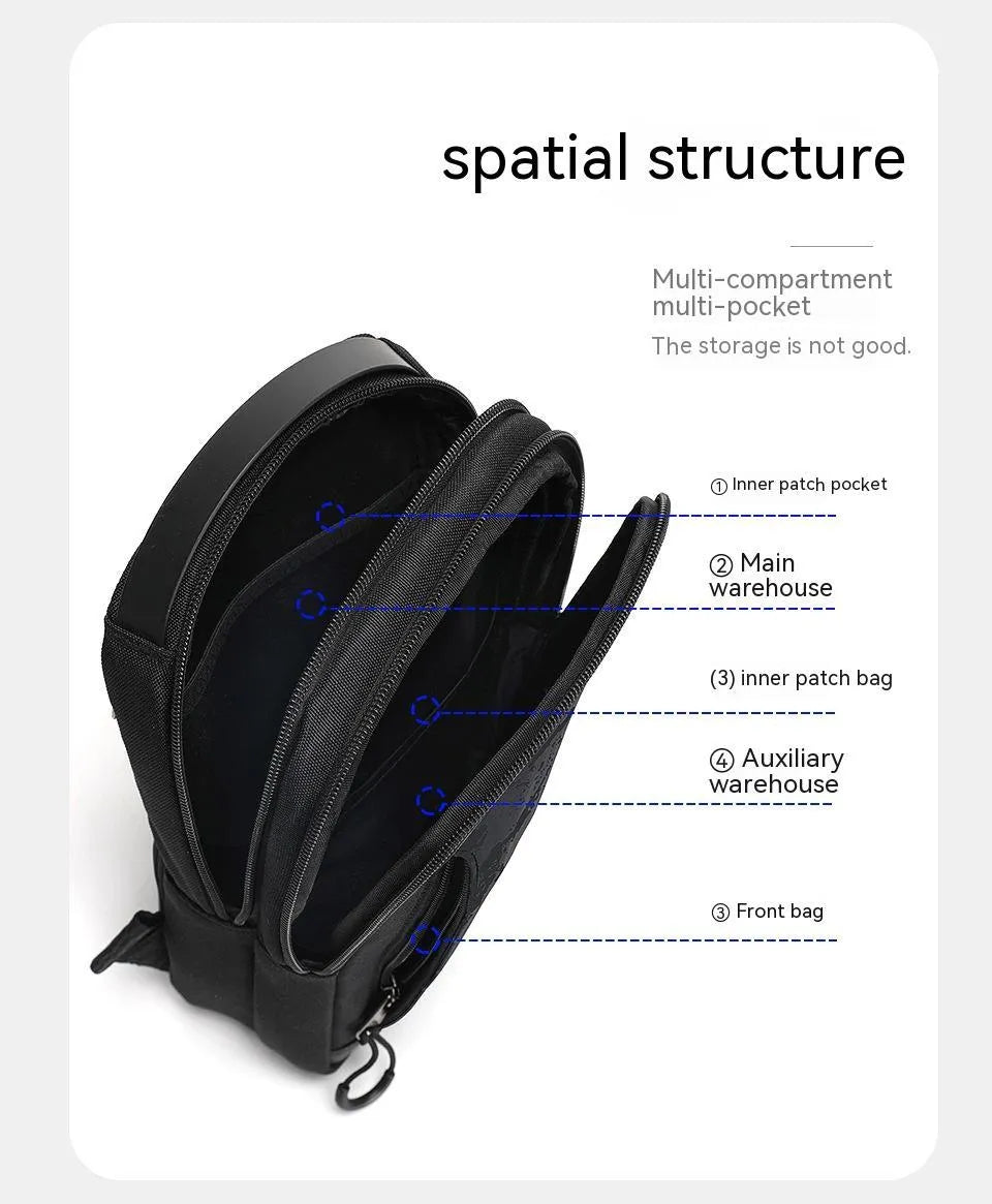 Casual black TPU chest bag with single shoulder strap and soft handle.