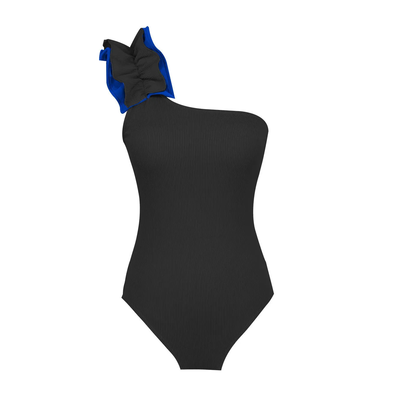 Women's single-shoulder high-waist one-piece swimsuit in a solid colour.