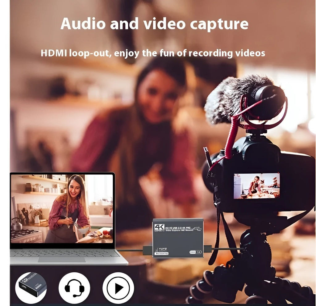 Black 4K gaming set-top box with audio recording functionality and universal system compatibility