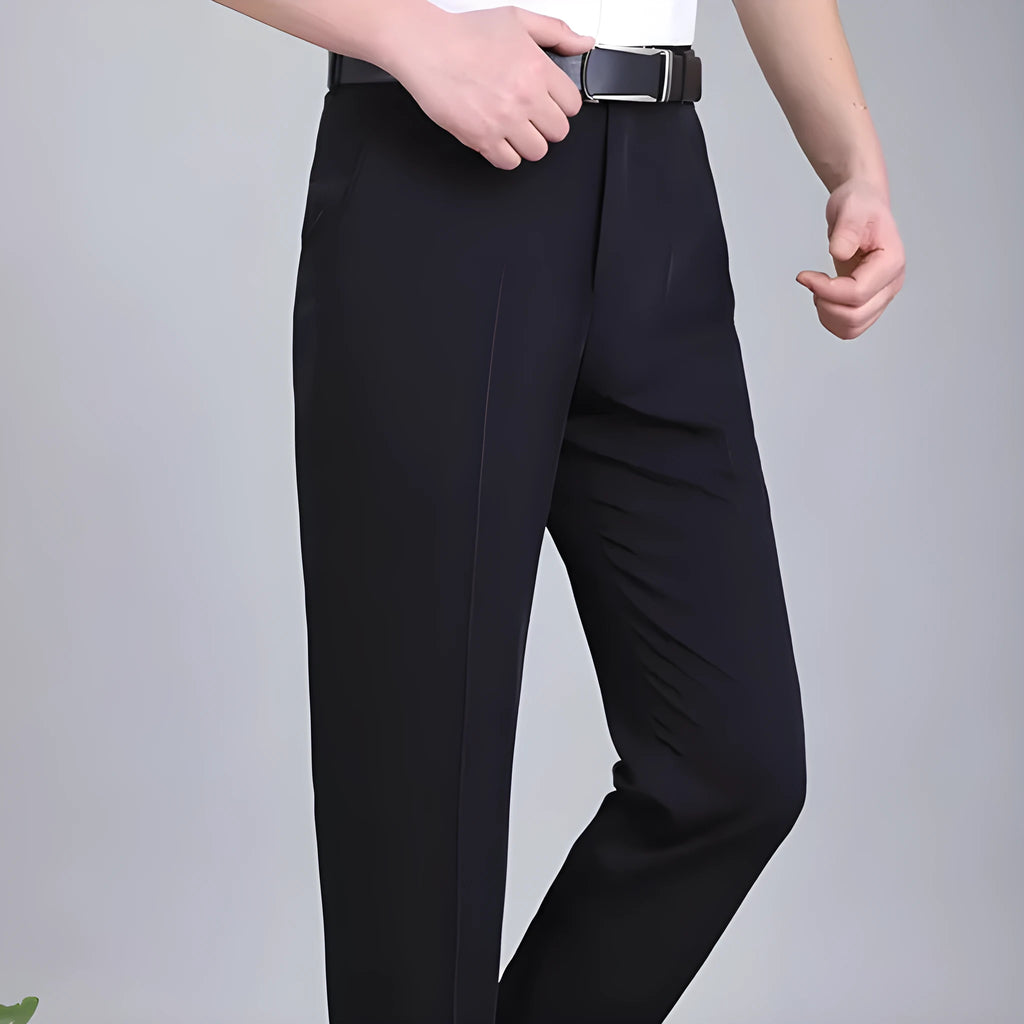 Men's straight-leg business trousers in mulberry silk blend with high waist and non-iron fabric