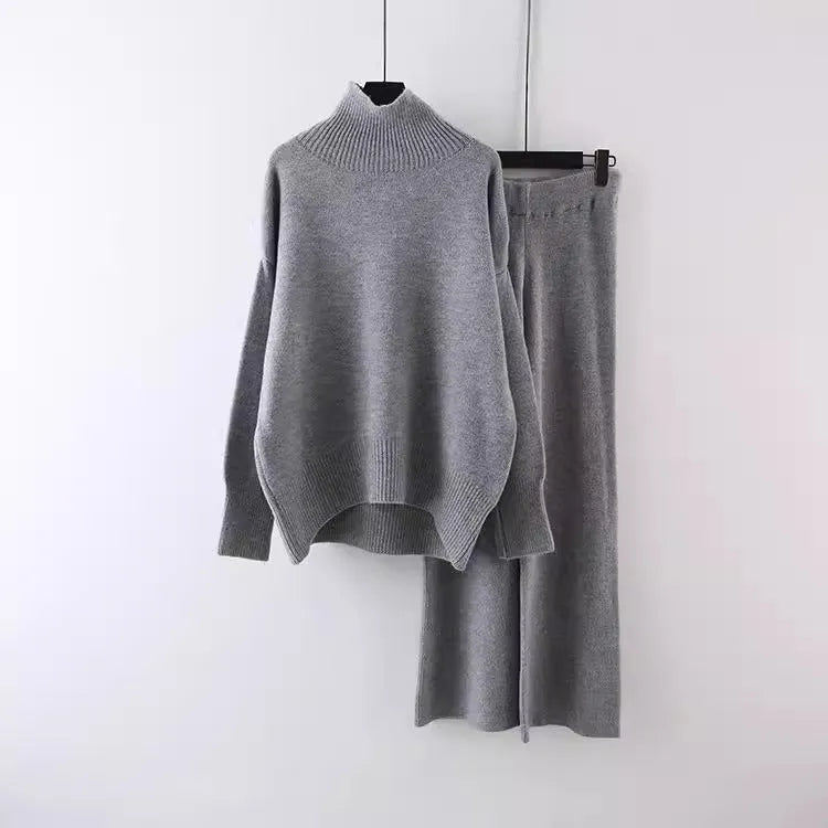 Women's beige acrylic fibre sweater and wide-leg pants two-piece casual set