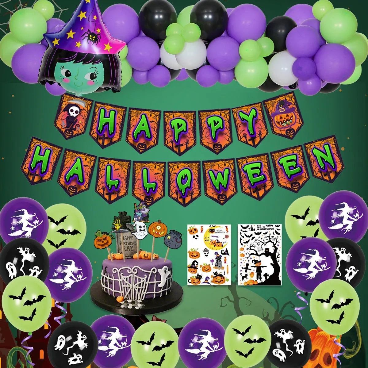 Halloween spider balloon arch kit with black and white balloons showing skull and pumpkin designs