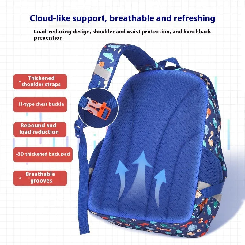 Waterproof Oxford cloth children's school backpack with dinosaur print design and curved shoulder straps