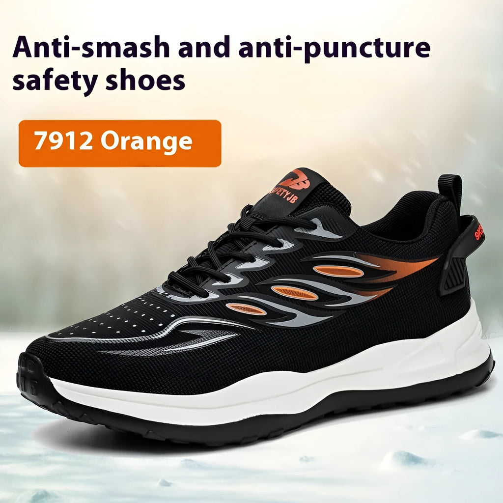 Lightweight labor protection safety shoes with leather upper and rubber sole in orange gray green yellow colors sizes 36-46