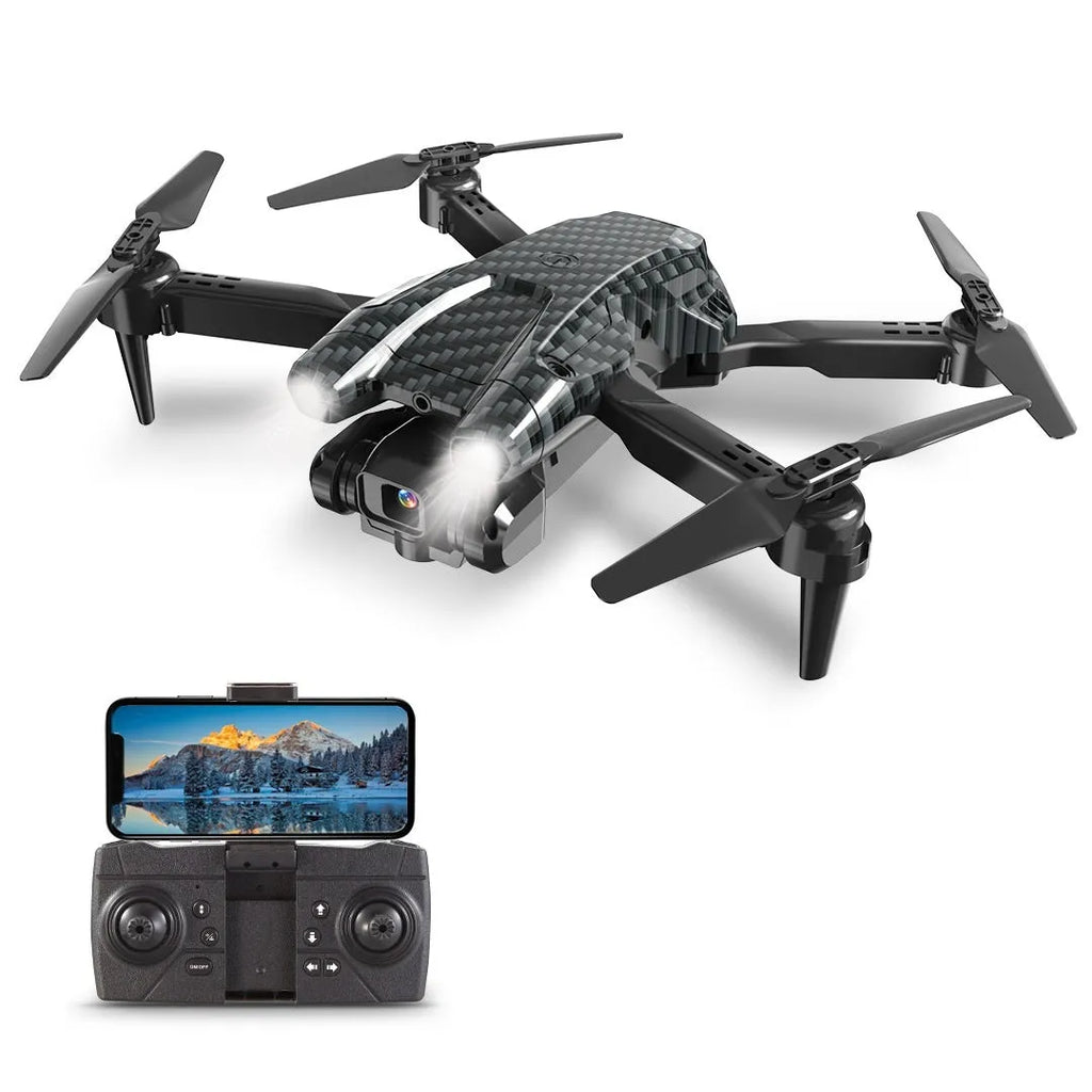 S138 black folding drone with propellers extended, shown next to its storage bag, highlighting its compact design and camera module.