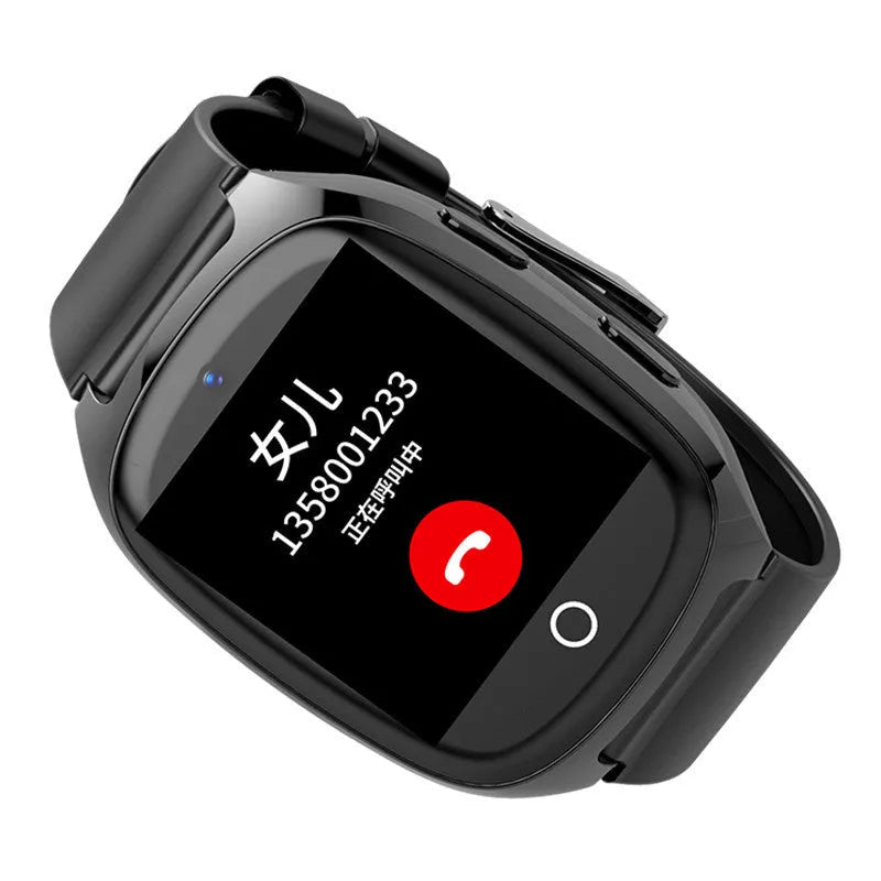 Black GPS tracker smartwatch with 1.54-inch touch screen showing SOS function interface