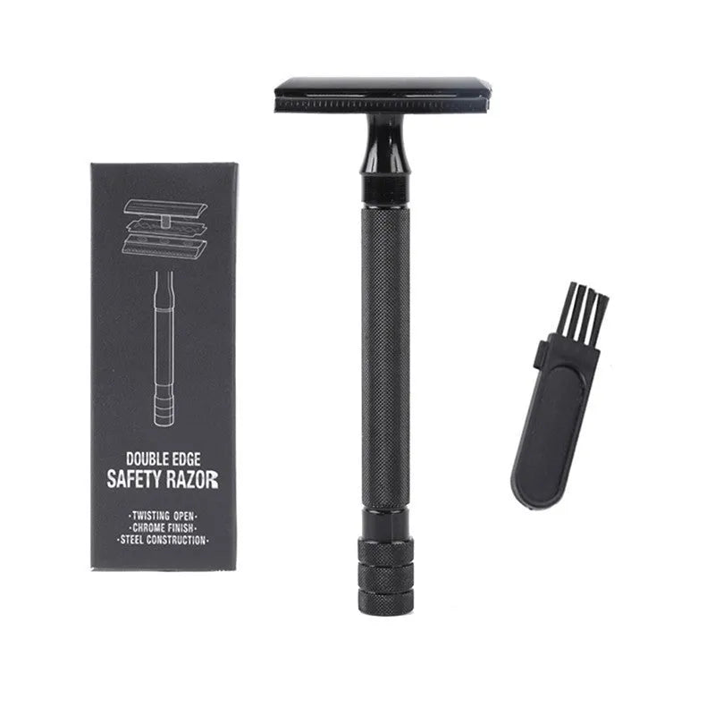 Traditional manual metal shaver with chrome plating and included shaving brush