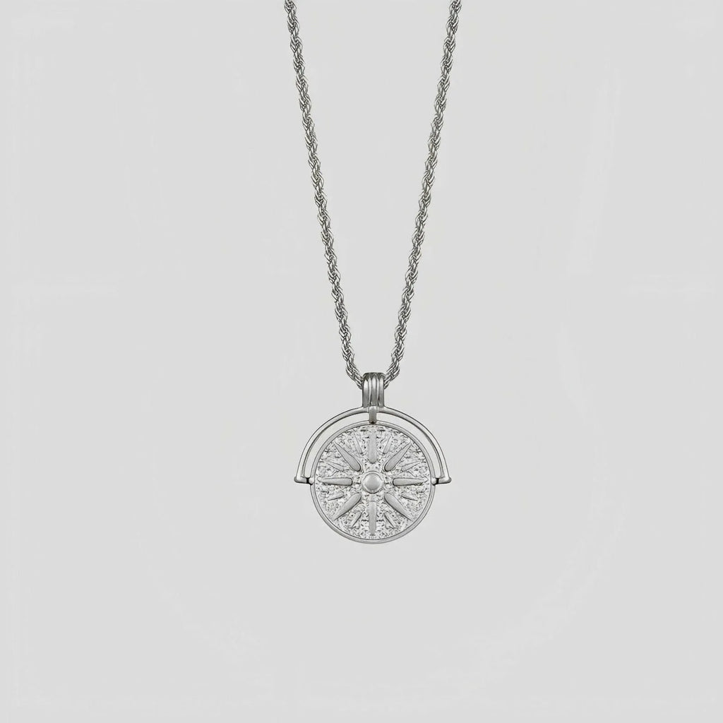 Sunflower embossed stainless steel pendant necklace with geometric patterns on hemp flowers chain