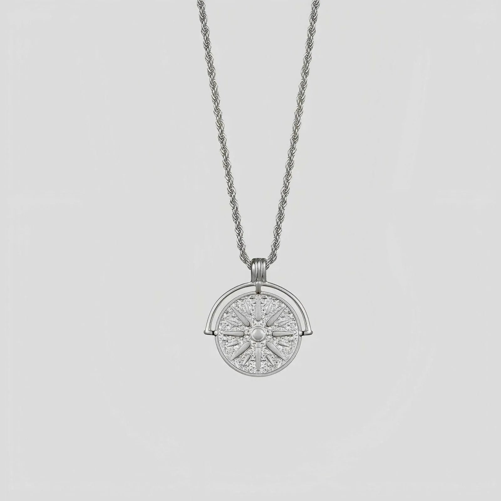 Sunflower embossed stainless steel pendant necklace with geometric patterns on hemp flowers chain