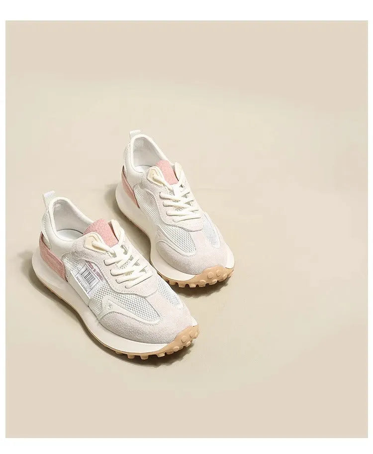 Women's grey and pink retro sneakers with mesh lining and rubber soles in low-top flat heel design
